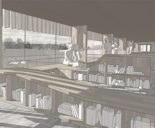 Rayonnage de la médiathèque intégré comme un espace de lecture